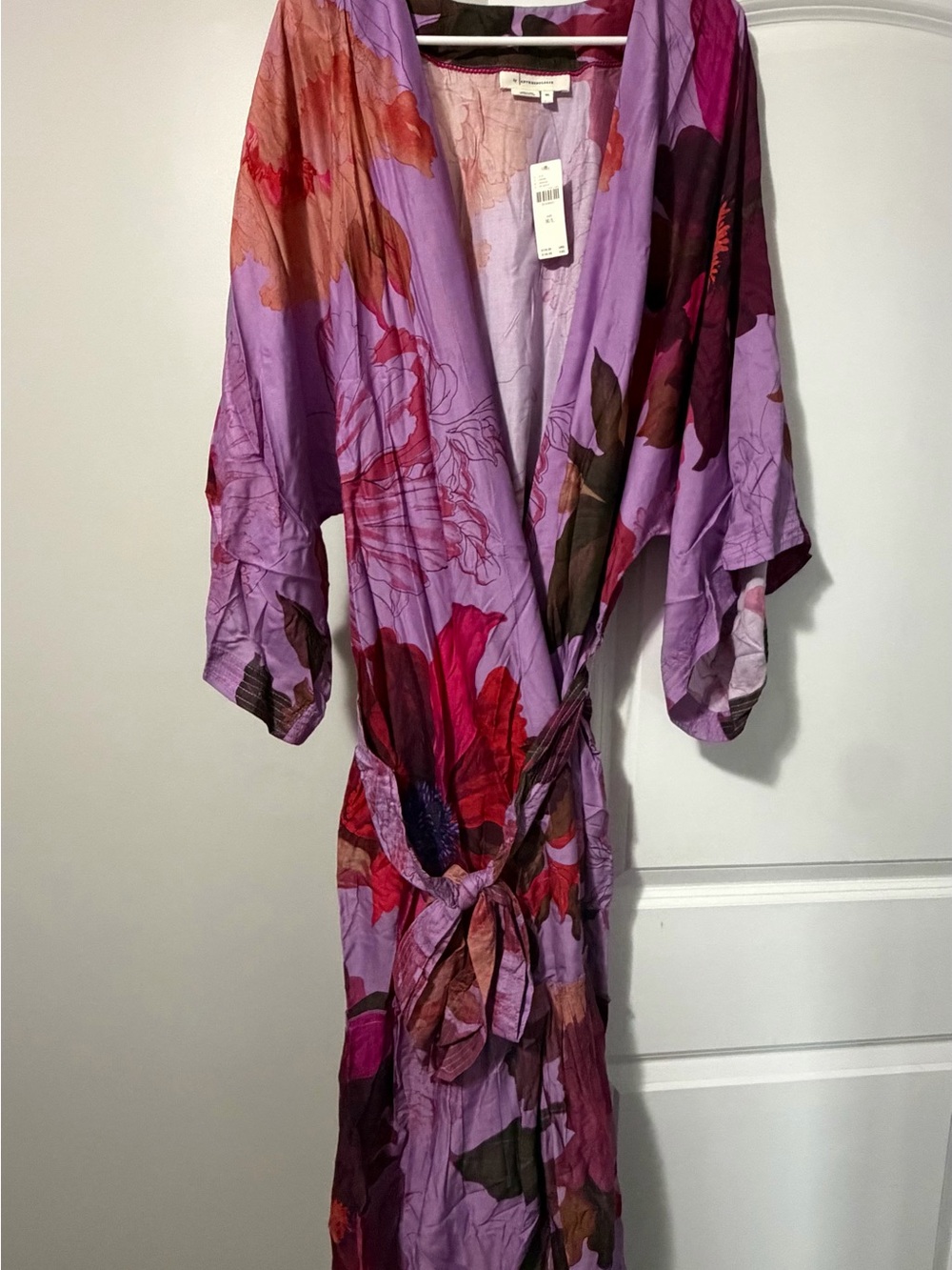 Anthropologie Lavender Floral Tie-Waist Kimono Dress